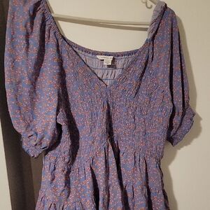 American Eagle Outfitters Lavender-Blue Floral Smocked Peasant Top